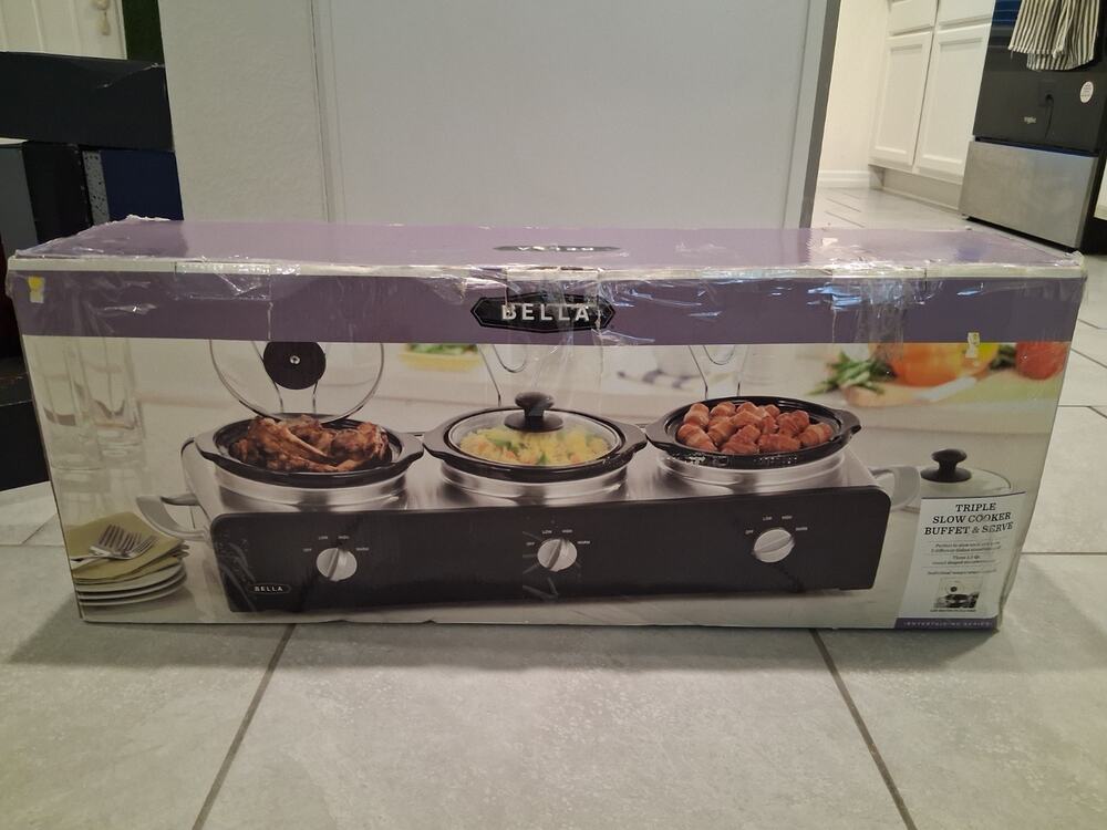 Bella Red Triple Slow Cooker And Server 3-1.5 Quart Stoneware Pots Buffet Party